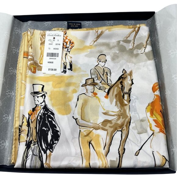 Brooks Brothers Equestrian Silk Scarf 34" Square Tan & White Gold Accents 55f - Picture 2 of 7